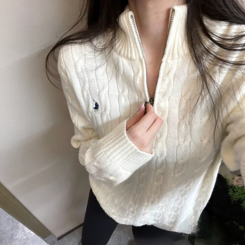 Cross-border RL women's half-zip sweater with pony embroidery, cable knit fashion versatile pullover Cross-border RL women's half-zip sweater with pony embroidery, cable knit fashion versatile pullover