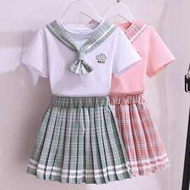 童装女童jk制服套装夏装连衣裙儿童校服学院风格子百褶裙子两件套