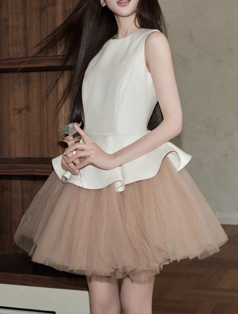 avenement/バレエ風ノースリーブラウンドネックパッチワークメッシュチュチュスカートドレスレディース夏