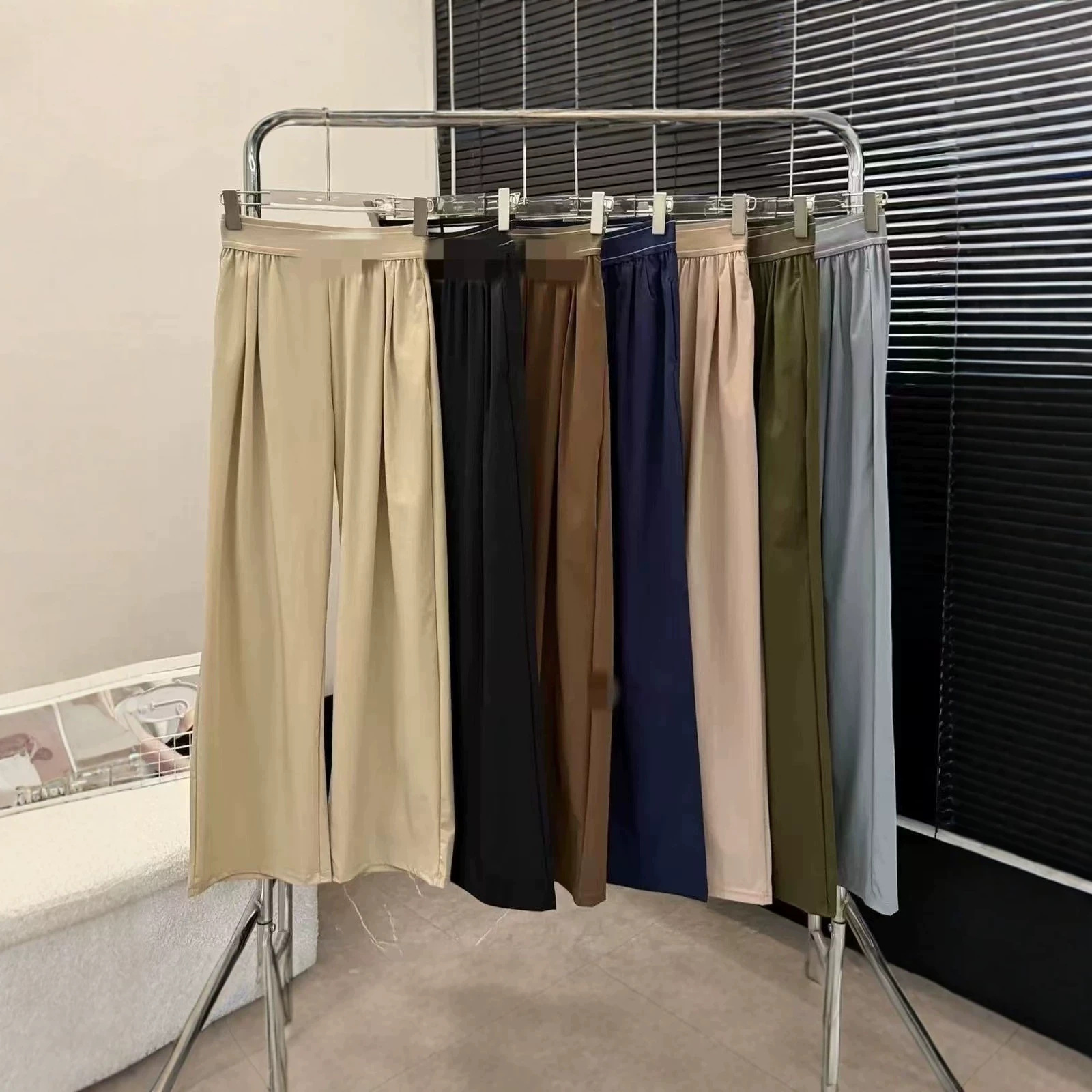 26女士七色打结速干裤高腰阔腿裤女宽松直筒休闲裤军绿色显瘦长裤