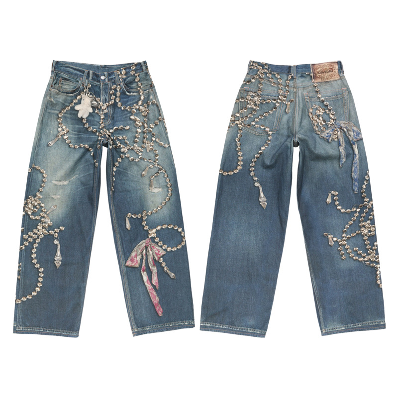 クロスボーダーのトレンディなAC手描きのスプラッシュインクのほつれ加工のウォッシュ加工のダメージ加工のパンツ、男性と女性用、ゆったりと多用途、軽くて豪華なワイドレッグジーンズ