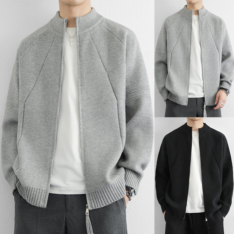Cardigan Solid Color Zipper Sweater Men's Versatile Knitwear Autumn and Winter Popular Jacket Stand Collar Outerwear Foreign Trade Cross-Border Wholesale