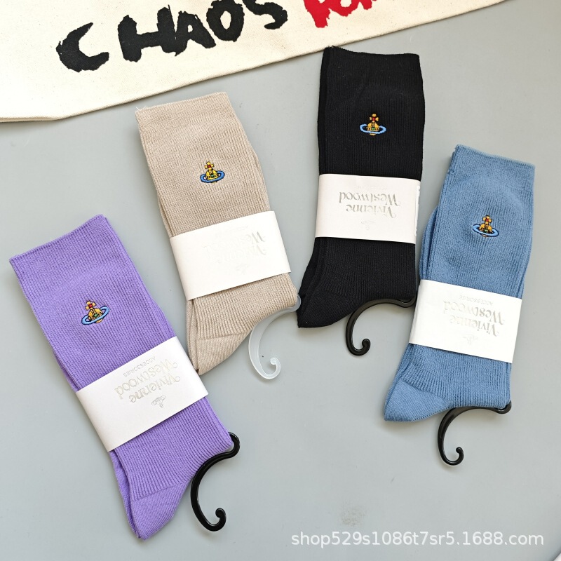 New Japanese Empress Saturn Embroidery Solid Color Simple Mid-Calf Double Needle Cotton Women's Trendy Socks Slouch Socks