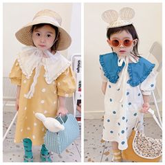 Korean children's clothing Summer 2024 new arrival Girls' Korean style summer dress with polka dot large stand-up collar long dress 21296