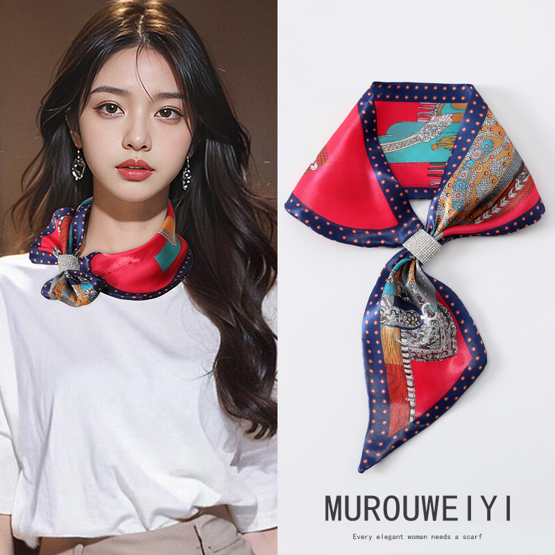 (스트리머 원사) 로즈 레드 폴카 도트 마차 장식 작은 귀 스카프 13*75cm