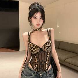 网纱连体豹纹吊带背心女夏美式热辣妹性感鱼骨抹胸小上衣绝美
