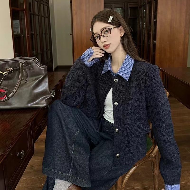 韩系假两件拼接翻领小香风外套女秋季新款宽松休闲短款夹克上衣潮|undefined