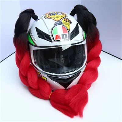Clown-Style Helmet with Braid Decorations for Women, Motorcycle Accessories, Personalized Ponytail Suction Cup Accessories, Double Ponytail (Motosiklet dəbilqələri) - black-gradient-red