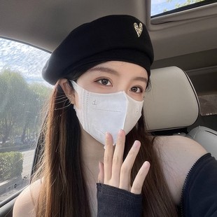 Hat Women's Spring & Fall Korean Heart-Shaped Black Octagonal Hat Ins Popular Fashion Versatile Face-Showing Small Retro Beret