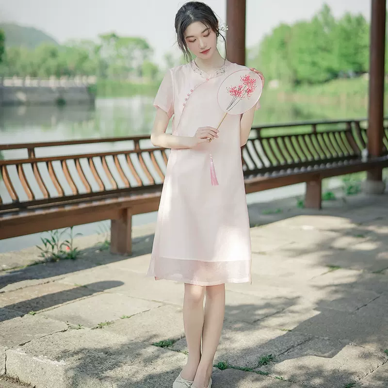 夏季新款天丝棉绣花改良旗袍文艺复古国风日常茶服连衣裙小个子女