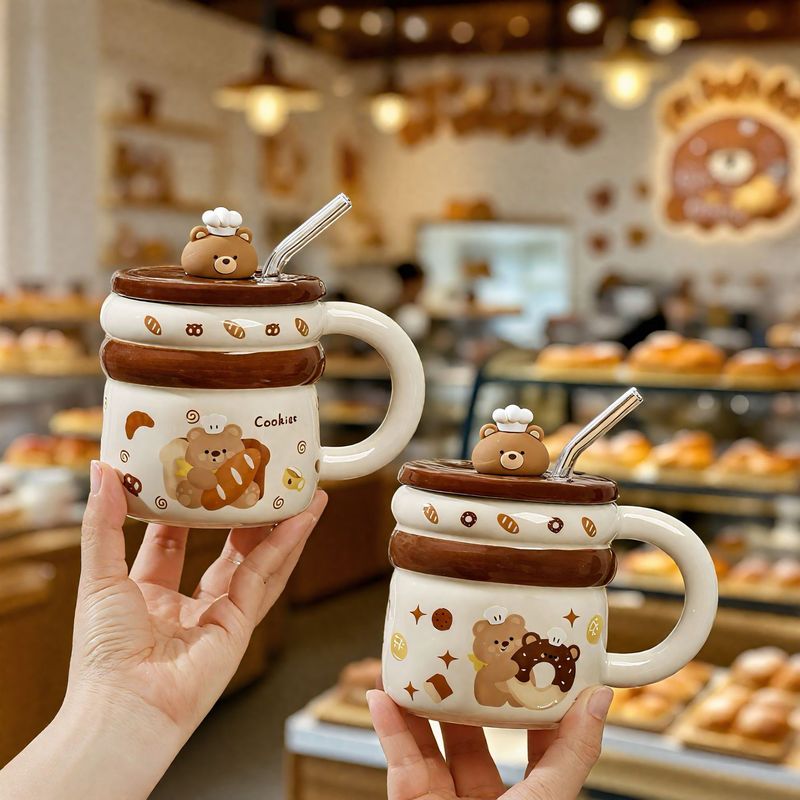 2025新品热销吸管杯可爱面包小熊陶瓷杯带盖带吸管卡通马克杯水杯|undefined