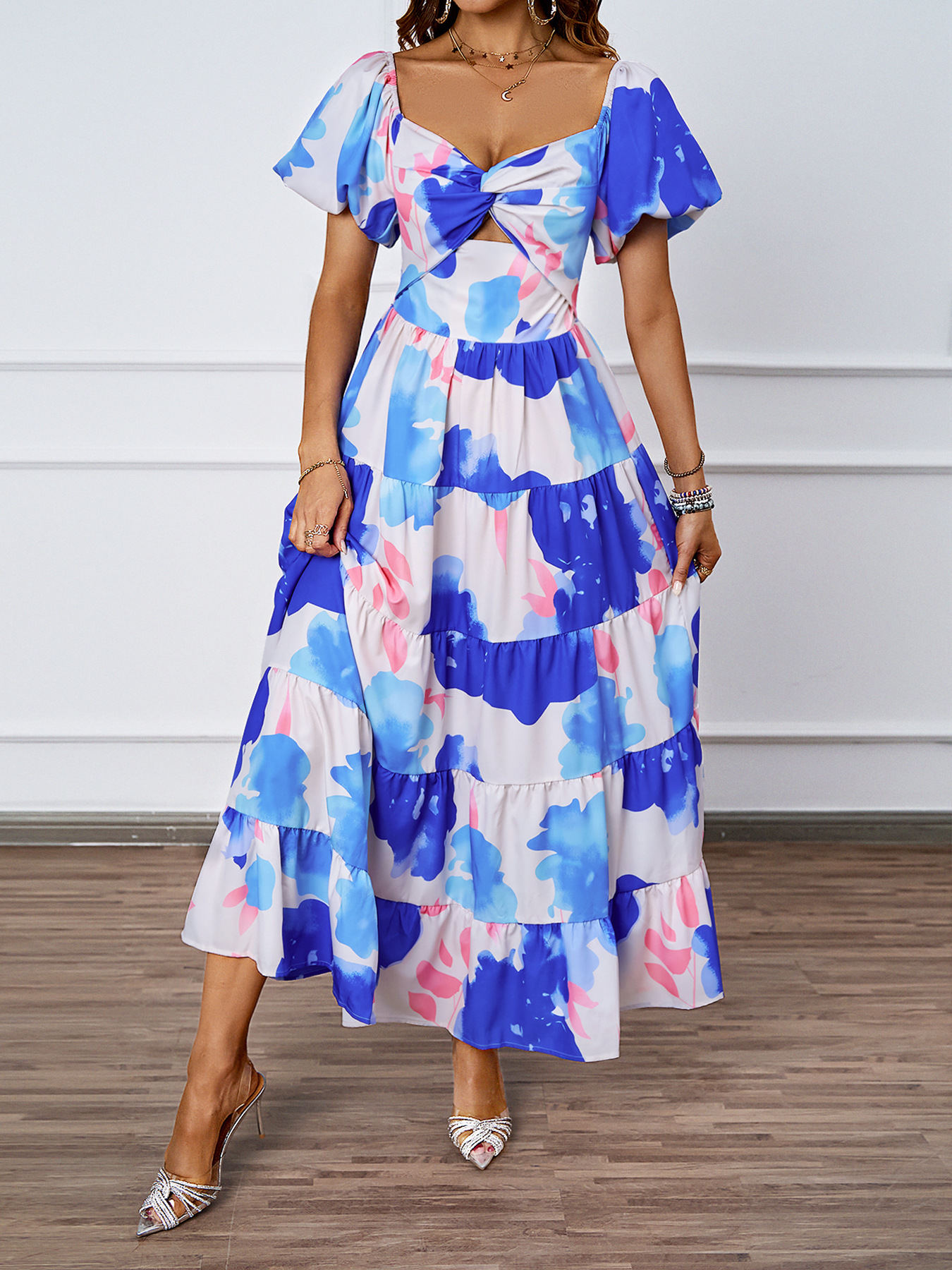 455g Weight Maxi Long Dress Dress Length Type Short Sleeve Sleeve Length Swing Dress Dresses Type Puff Sleeve Sleeve Type Polyester Fabric Type High Waist Waist Line Holiday, Daily Occasion Off Shoulder Neckline Regular Fit Fit Type Color Block, Painted Flower Pattern Summer Season Women's Gender Printing Design Elegant, Streetwear Style Wholesale Women's Elegant Streetwear Printing Color Block Painted Flower  Holiday Daily Off Shoulder Short Sleeve Swing Dress 36