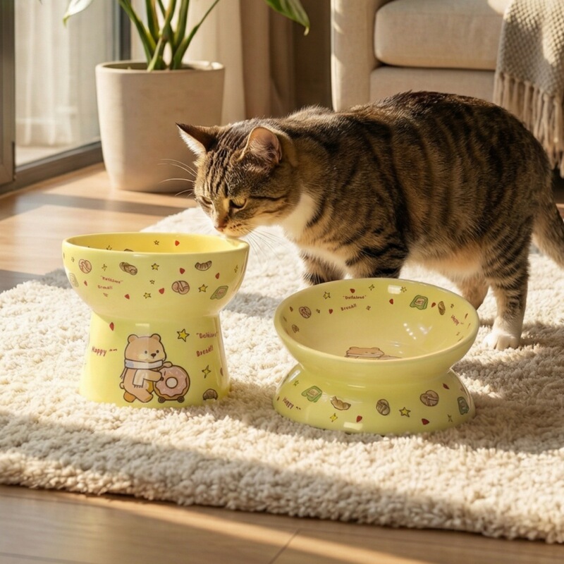 Ceramic Cat Bowl, Large Diameter Slanted Mouth Bowl, Cat Food and Water Bowl, Special Eating Bowl, Neck-Protecting High-Footed Cartoon Dinner Plate Ceramic Cat Bowl, Large Diameter Slanted Mouth Bowl, Cat Food and Water Bowl, Special Eating Bowl, Neck-Protecting High-Footed Cartoon Dinner Plate