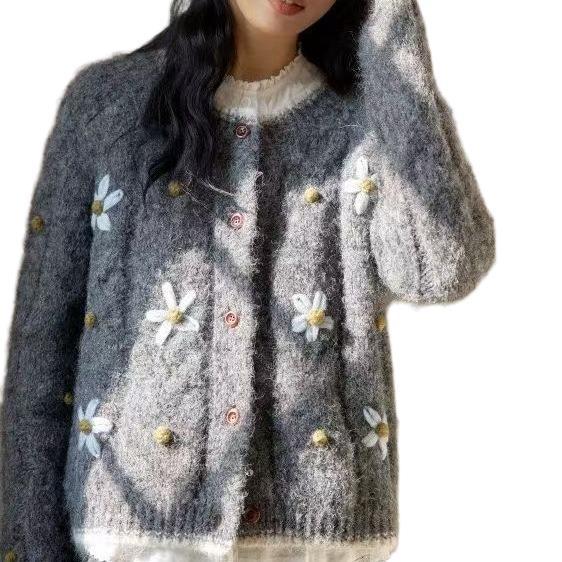 韩系立体钩花开衫毛衣女秋冬2025新款法式复古高级感温柔风针织衫|undefined