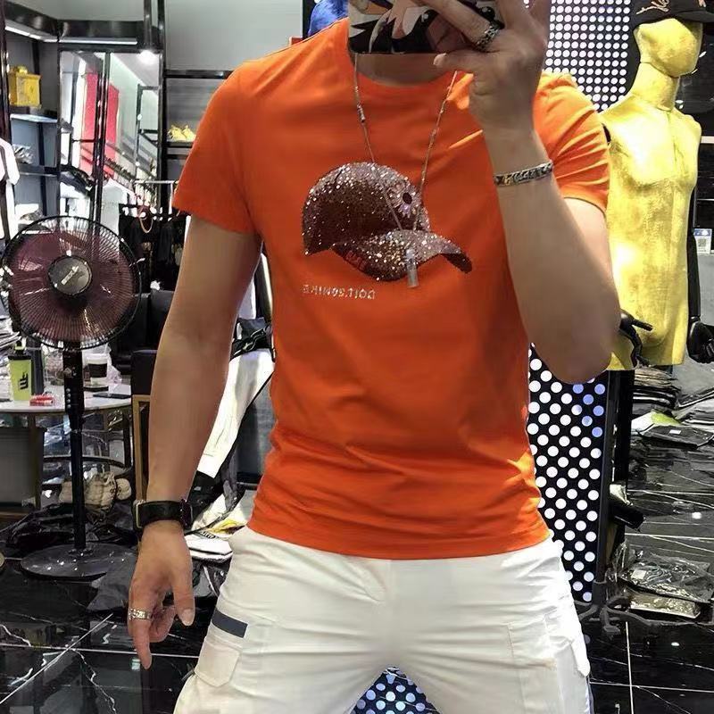 European Summer New Fashion Brand Heavy-Duty Hat with Rhinestones, Short-Sleeve Trendy Men's T-Shirt Popular on Instagram