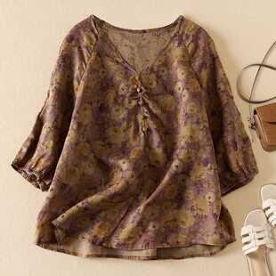 2994 real shot retro foreign style V-neck floral shirt women's summer chubby girl loose slim thin half sleeve top