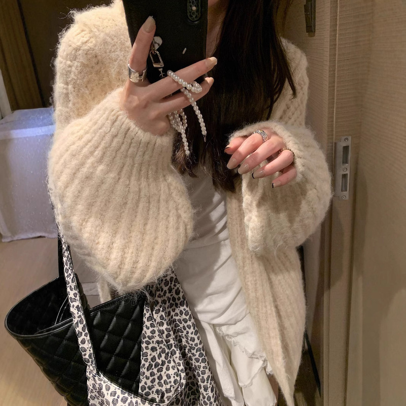 Vintage Maillard Hooded Sweater Cardigan Women's Autumn and Winter Mid-length Thickened Knitted Jacket Loose Lazy Style Top