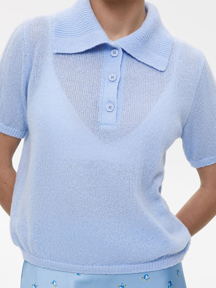 Áo len nữ dệt kim cổ Polo tay phồng dáng suông — Màu be, Màu hồng, Màu trắng, Màu xanh lam chi tiết 49