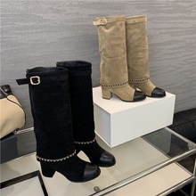 495-1~粗跟法式小香风不过膝长靴女靴子2025年新款高筒裤管骑士靴