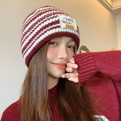 新款秋冬季条纹百搭韩版时尚字母贴布大头围毛线女针织秋冬季帽子