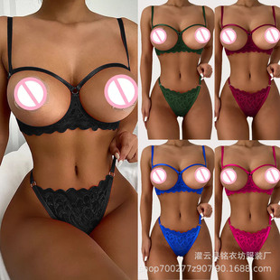Cross-border Amazon ebay ultra-thin Dew three-point steel ring semi-perspective seduction underwear passionate sexy two-piece set