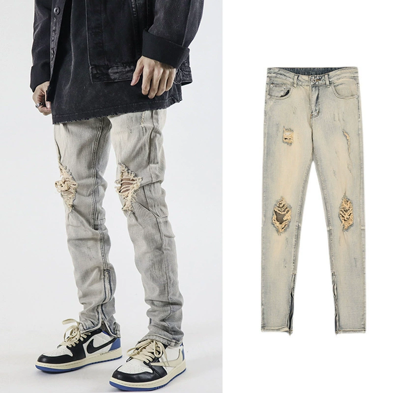 Американские уличные рваные выстиранные джинсы мужские европейские и американские узкие облегающие брюки для ног на молнии модные брюки в стиле хип-хоп