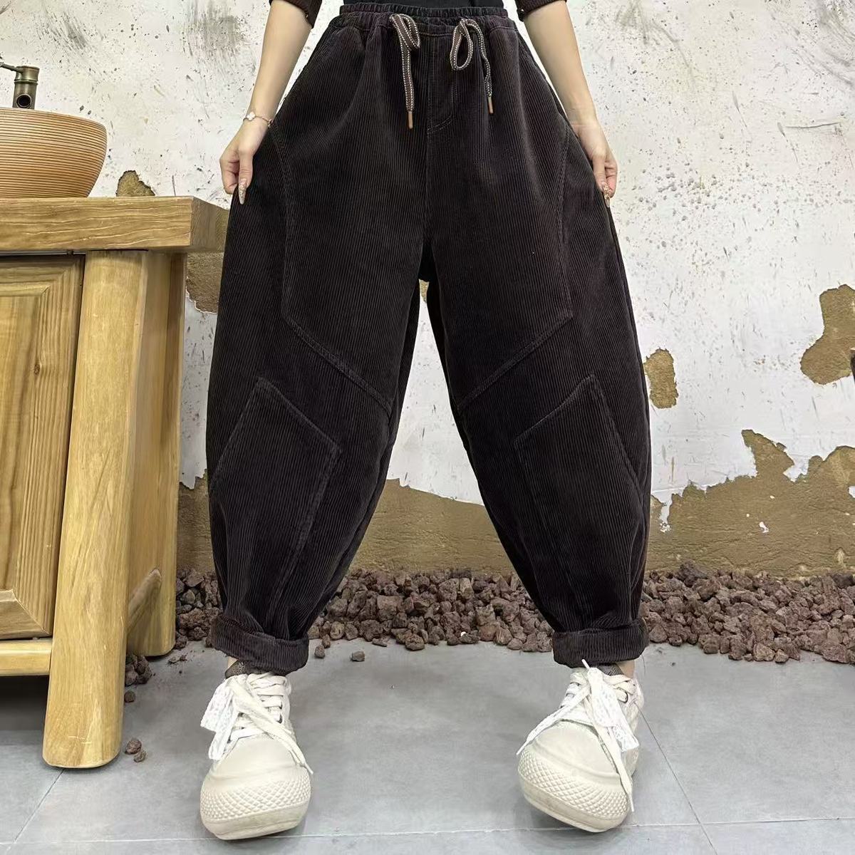 灯芯绒加绒哈伦裤 复古弯刀宽松裤女2025秋冬新款加厚休闲裤58577