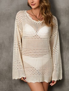 Cross-Border Amazon Loose Beach Cover-Up European and American Foreign Trade Women's Hollow Knit Cover-Up Bell Sleeve Beach Dress