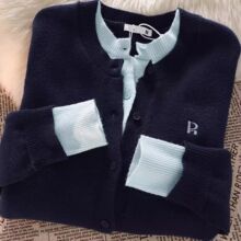 藏青色假两件拼接设计感针织小个子圆领开衫新款刺绣毛衣外套上衣