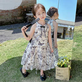 中小童女夏新款2024新中式中国风挂脖蝴蝶印花上衣长裙两件套套装