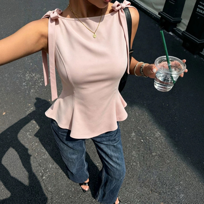 Cross-Border European and American New Style Sleeveless Top with Bow Tie, Waist-Cinching, Slimming, Ruffled Edge Top for Women in Summer