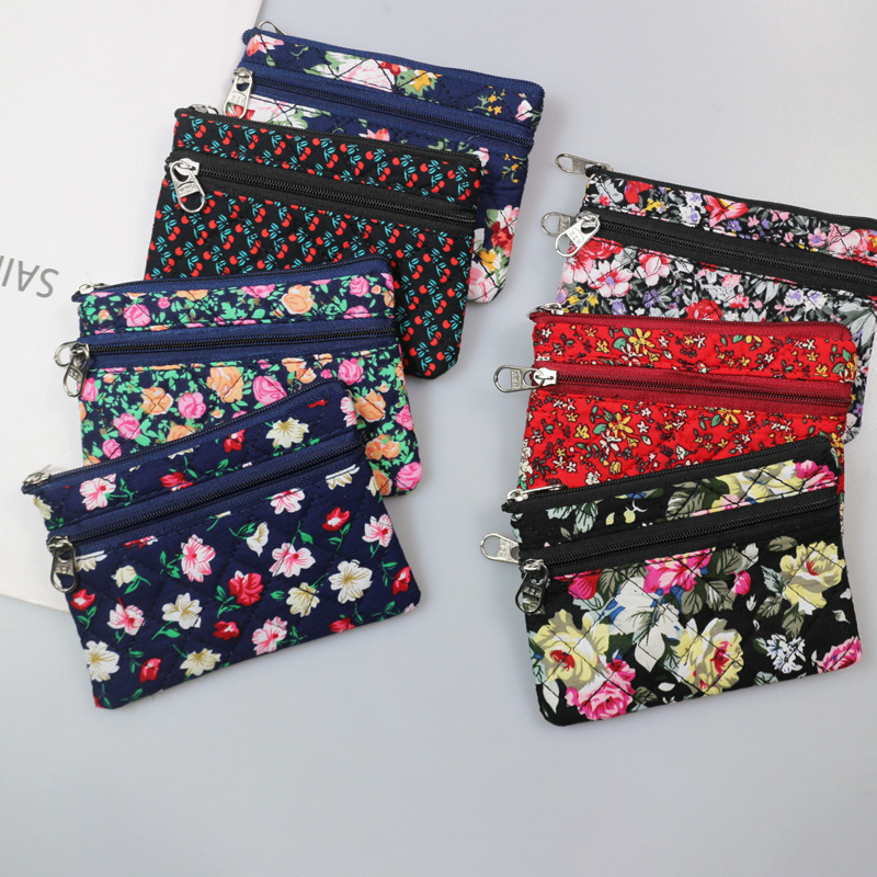 Fresh and Simple Style Three-Zipper New Key Pouch for Women, Fabric Clutch Small Wallet, Floral Coin Purse, Cotton Cloth Coin Bag