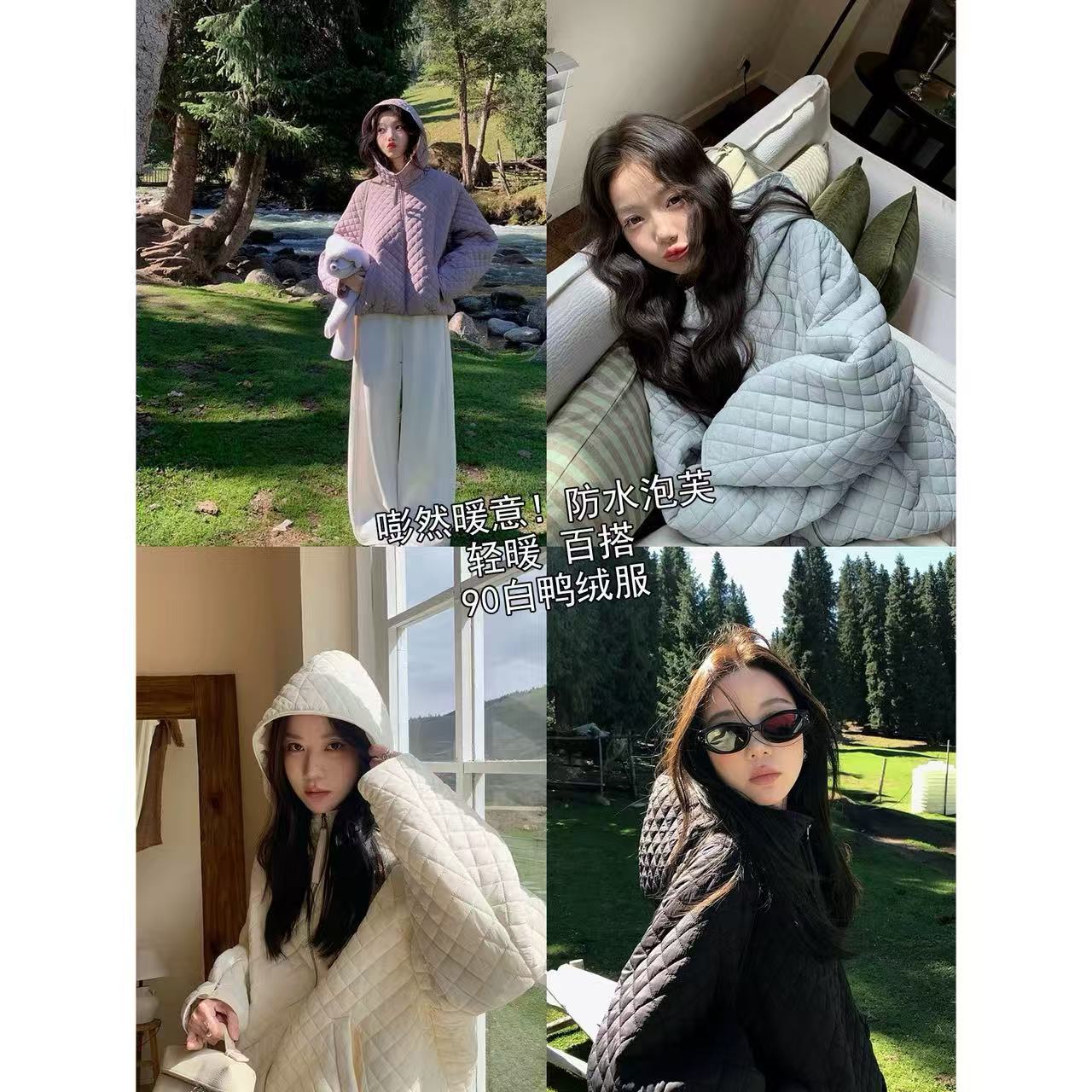 轻暖不臃肿90白鸭绒轻菱格立领连帽羽绒服宽松保暖外套女L1030X