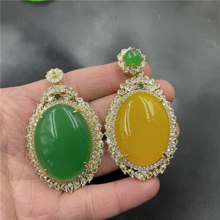 老玉匠 镶嵌绿玉髓大蛋形毛衣链挂坠 黄玛瑙椭圆形挂件 玉坠