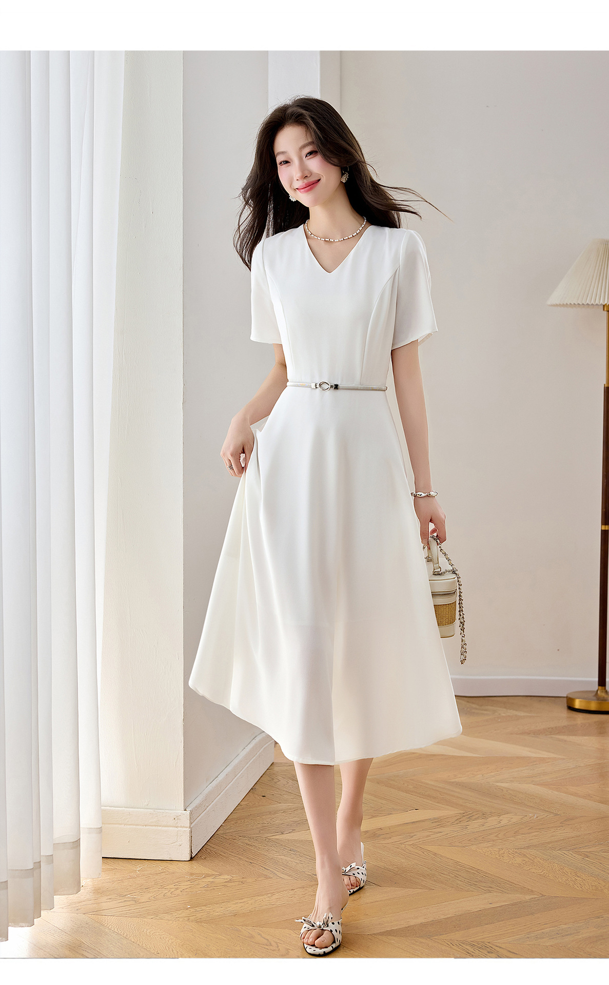 Đầm maxi nữ thắt eo cổ V dáng dài phối màu trơn — màu xanh đậm, màu tím, màu trắng chi tiết 16