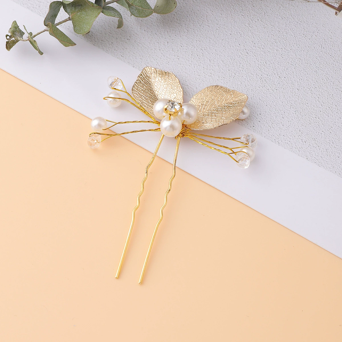 Bridal Hair Grip, Handmade Pearl & Leaf Hairpin, Gold or Silver, 7.6×5.5 cm