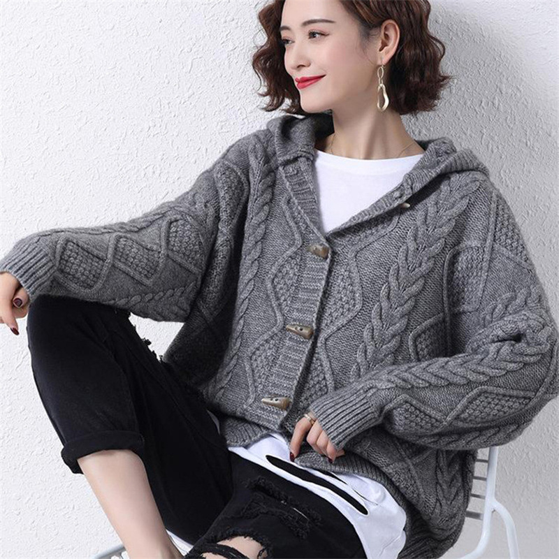 Cross-border Loose Rhomboid Hemp Pattern Hooded Sweater Coat 2024 Autumn and Winter Korean-style Horned Knit Cardigan for Women
