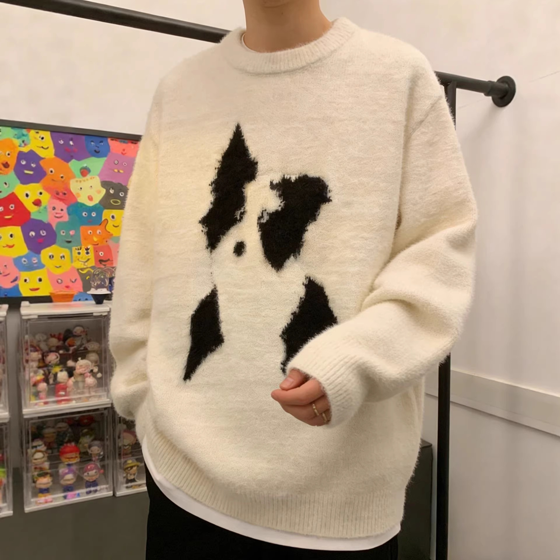 Herren Winterpullover aus Mohair mit Cartoon-Welpenmotiv, Rundhalsausschnitt, lässiger Strickpullover in entspannter Passform für Paare_voghion.com