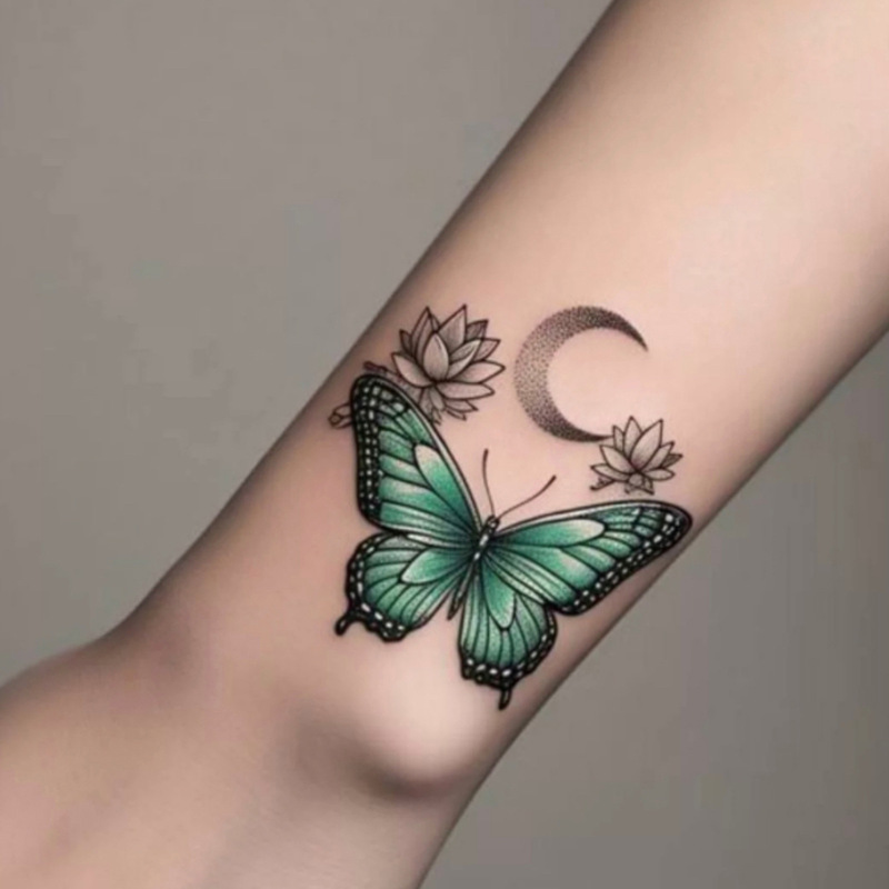Cross-Border Popular Item with a High-End Feel, Minimalist and Unique Dark-Style Moon, Lotus, and Butterfly Wrist Tattoo Stickers