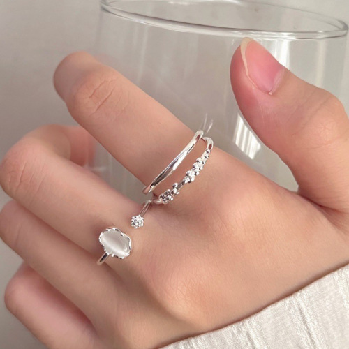Moonstone simple plain ring high-end ring women's fashion double-layer textured open ring stacked index finger ring