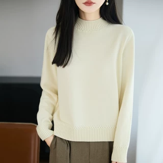 跨境温柔简约100%纯棉针织衫女2026秋冬加厚保暖毛衣半高领打底衫