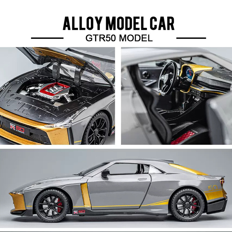 Jianyuan aleación coche modelo 1: 24 nissan GTR-50 coche deportivo tire hacia atrás el sonido y la luz 4 puerta abierta modelo de coche de juguete adornos