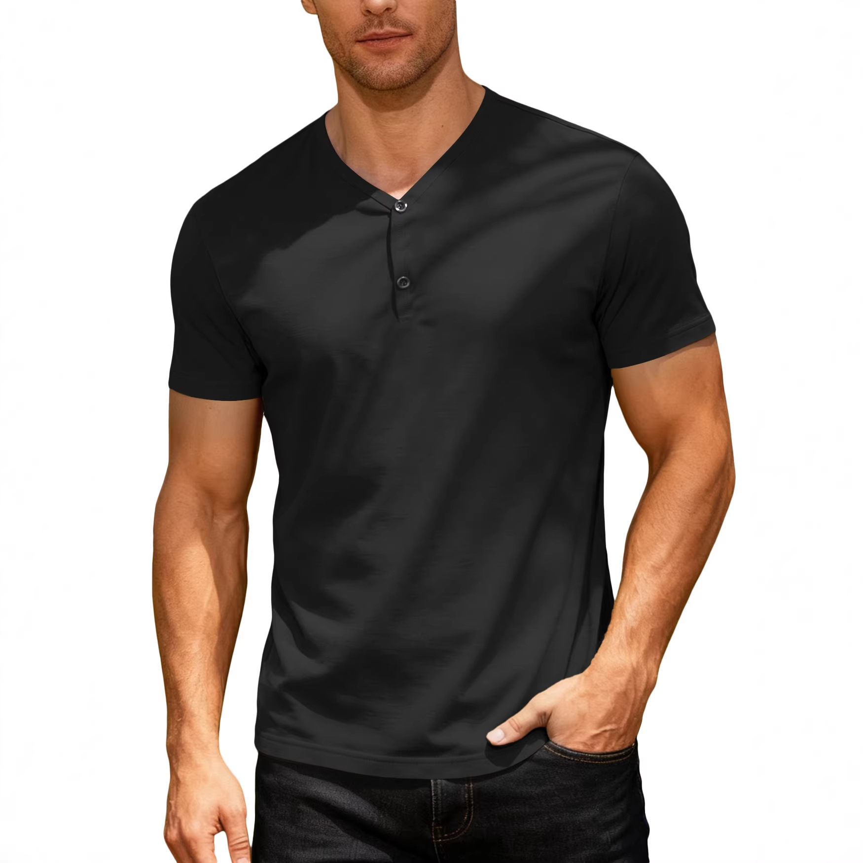 2025 TEMU transfronterizo hombre europeo y americano color sólido cuello V transpirable sudor deportivo casual ligero camiseta de manga corta regular