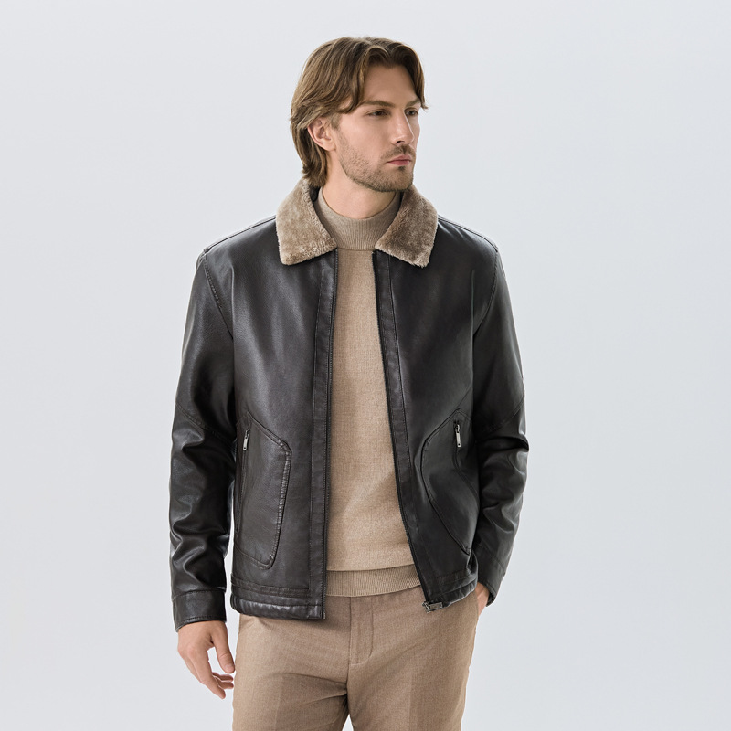 2025 New Thickened Fleece Leather Jacket Autumn and Winter Men's Pu Leather Light Business Casual Square Collar Cross-Border Style