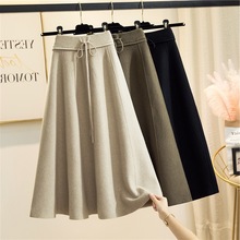 针织半身裙女秋冬季新款韩版高腰百搭显瘦中长款a字裙系带百褶裙