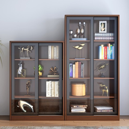  New Solid Wood Bookshelf Floor Cabinet Home Modern Simple Living Room Study Glass Sliding Door Bookcase