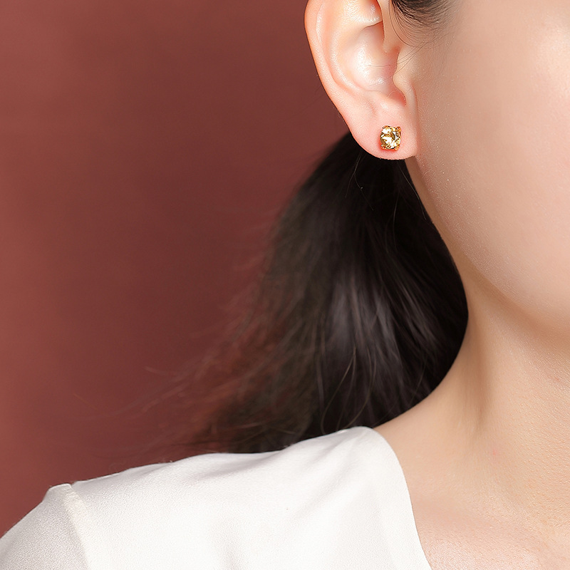 Bông tai bạc S925 mạ vàng đính đá tím và đá vàng cắt giác, kiểu dáng đơn giản cá tính — Vàng pha lê