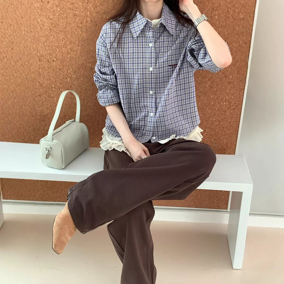 miu系蕾丝拼接假两件蓝格子衬衫女秋季新款韩系宽松百搭长袖上衣