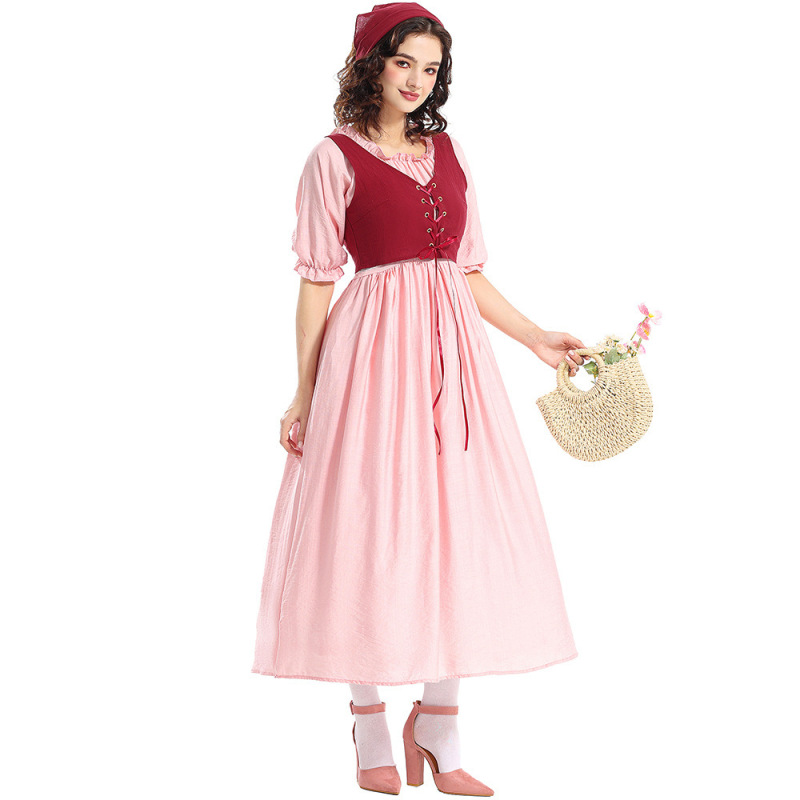 Halloween Costume Retro Pink Mid-Sleeve Party Dress Renaissance Victorian Medieval Outfit
