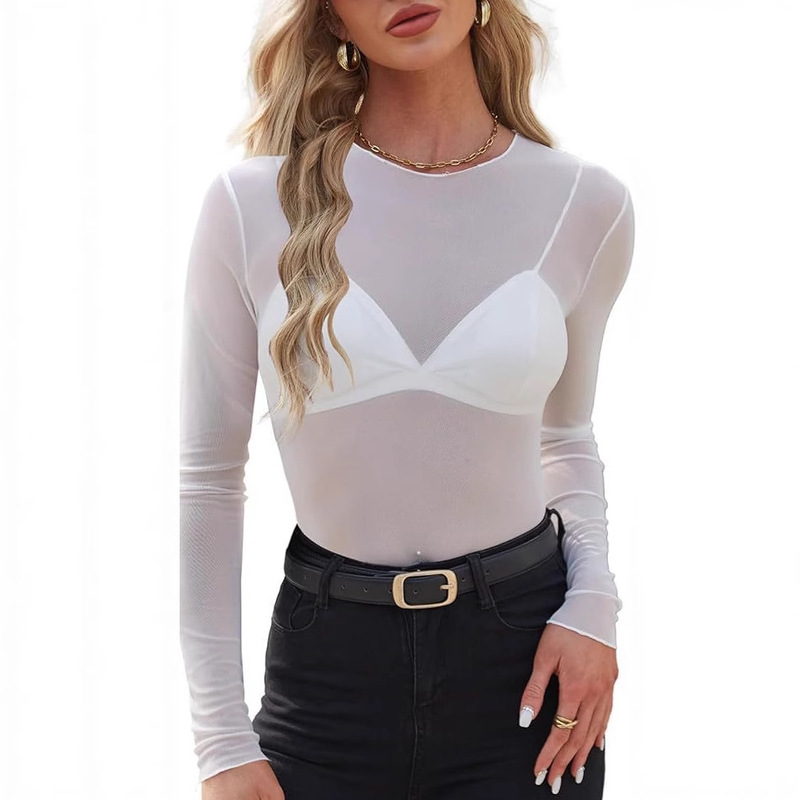 Cross-Border Amazon European and American Women's Mesh Tops Mesh Transparent Lace Half Turtleneck Ruffled See-Through Shirt